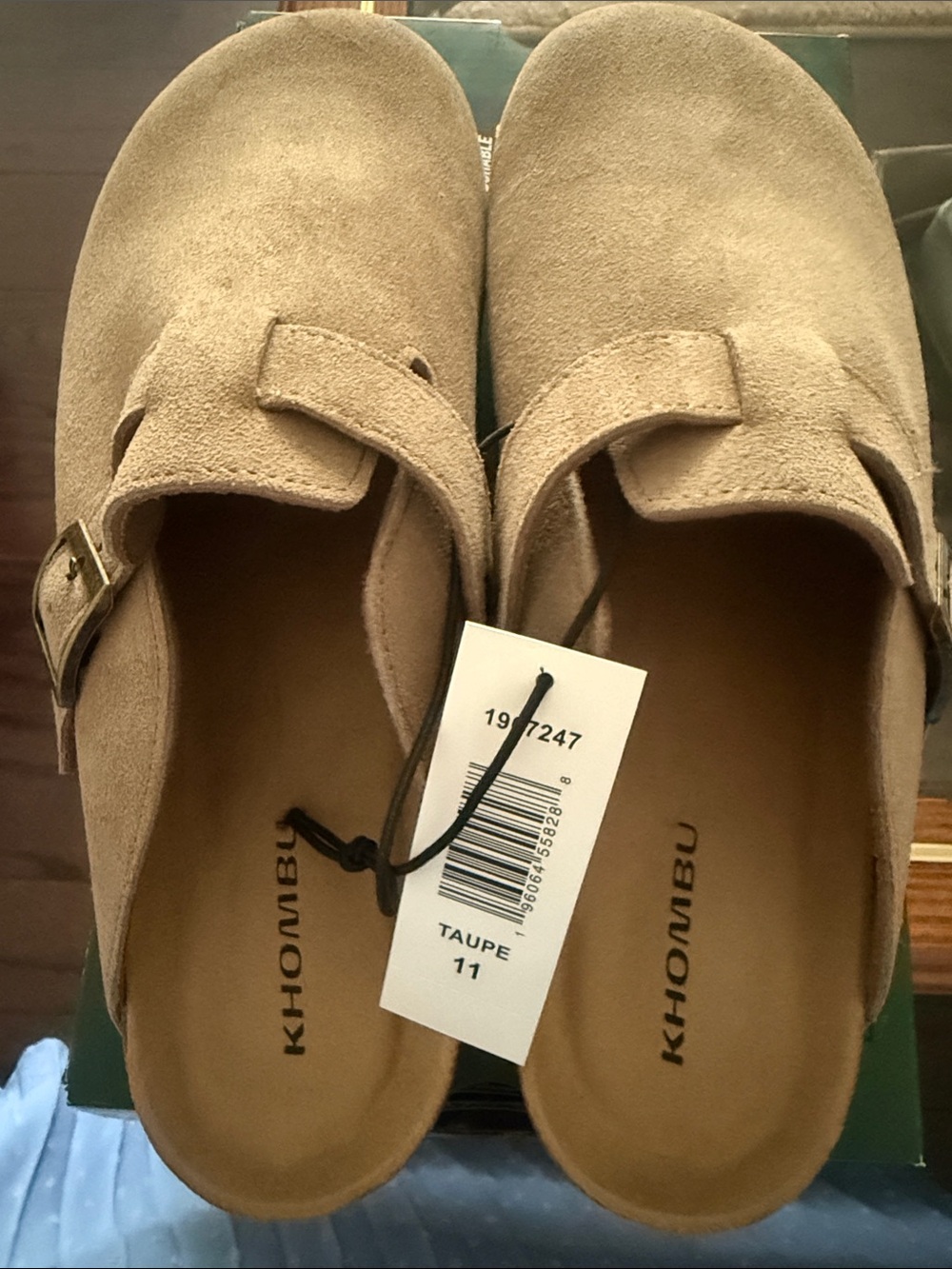 Khombu Taupe Suede Buckle Slip-On Clogs